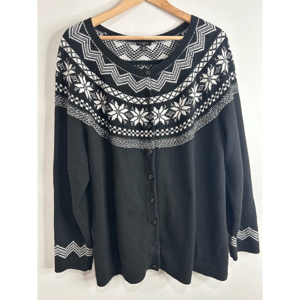 Talbots Plus Cardigan Sweater Womens 2X Black White Fair Isle Snowflake Soft